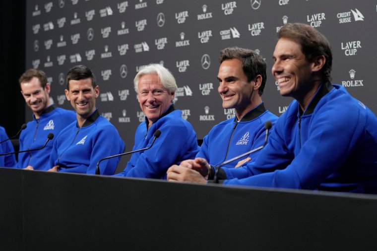 From left, Britain's Andy Murray, Serbia's Novak Djokovic, Captain Bj??rn Borg, Switzerland's Roger Federer and Spain's Rafael Nadal attend a press conference ahead of the Laver Cup tennis tournament at the O2 in London, Thursday, Sept. 22, 2022. (AP Photo/Kin Cheung)