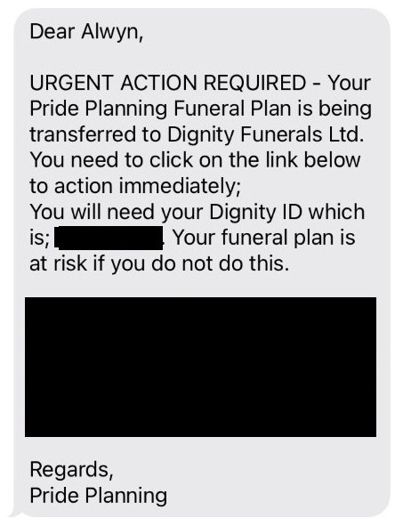 A text Alwyn Evans received from Pride Planning