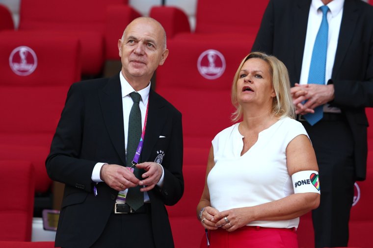 DOHA, QATAR - NOVEMBER 23: President of the German Football Association (DFB), Bernd Neuendorf & German Federal Minister of the Interior and Community Nancy Faeser look on prior to the FIFA World Cup Qatar 2022 Group E match between Germany and Japan at Khalifa International Stadium on November 23, 2022 in Doha, Qatar. (Photo by Chris Brunskill/Fantasista/Getty Images)