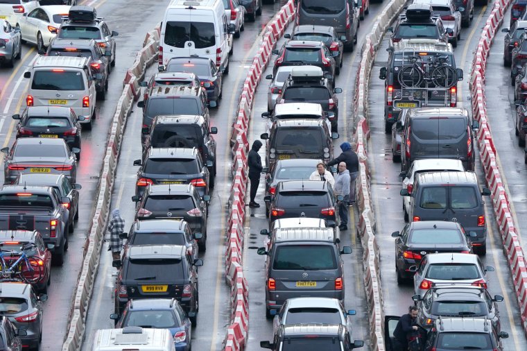 Traffic at the Port of Dover in Kent as the Easter getaway begins. The Port of Dover declared a critical incident as high levels of traffic caused coach passengers to experience lengthy delays. It comes as operators P&O Ferries and DFDS Seaways also reported delays to ferry and coach services, citing bad weather and hold-ups at French border controls as partly responsible for waits and queues. Picture date: Saturday April 1, 2023. PA Photo. See PA story TRANSPORT Easter. Photo credit should read: Gareth Fuller/PA Wire