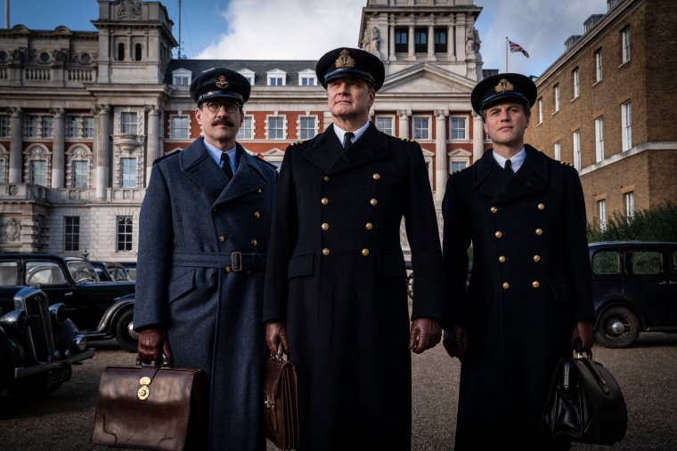 Undated film still handout from Operation Mincemeat. Pictured: Matthew Macfadyen as Charles Cholmondeley, Colin Firth as Ewen Montagu and Johnny Flynn as Ian Fleming. PA Feature SHOWBIZ Download Reviews. Picture credit should read: PA Photo/See-Saw Films Limited/Giles Keyte. All Rights Reserved. WARNING: This picture must only be used to accompany PA Feature SHOWBIZ Download Reviews.