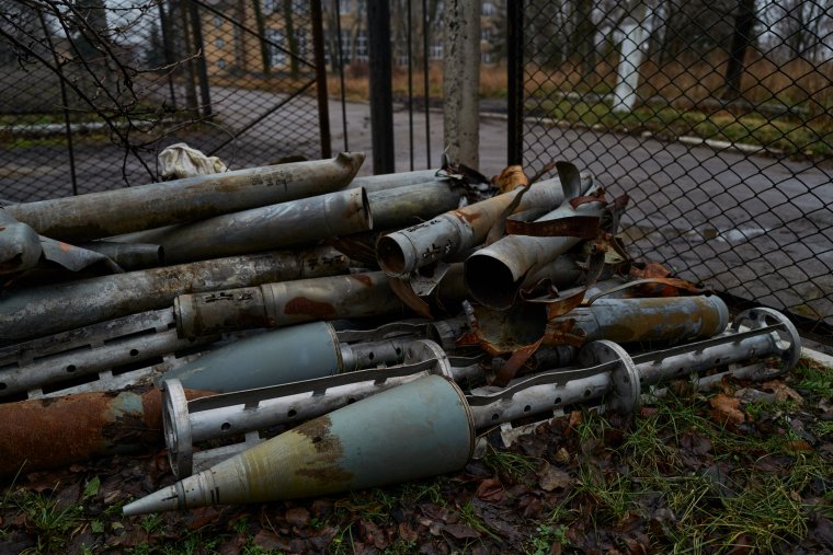 TORETSK, UKRAINE - DECEMBER 18: The remains of artillery shells and missiles including cluster munitions are stored on December 18, 2022 in Toretsk, Ukraine. Inhabitants living on the frontline on the outskirts of Toretsk give the location of allegedly dangerous devices to the rescuers of the State Emergency Service of Ukraine. (Photo by Pierre Crom/Getty Images)