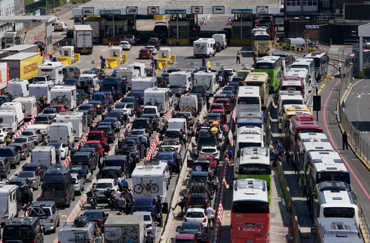 Vehicles queue for ferries at the Port of Dover, Kent, where passengers are facing up to a two-hour wait for checks by French border officials due to a high volume of tourist traffic beginning the summer getaway early and heavy freight traffic. Picture date: Friday July 7, 2023. PA Photo. Delays in processing passengers have been blamed on French border officials carrying out extra checks and stamping UK passports following Brexit. See PA story SEA Dover. Photo credit should read: Gareth Fuller/PA Wire