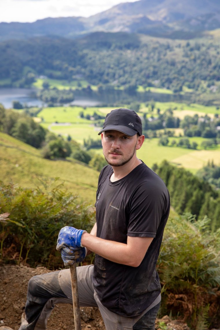 16/08/23 Grasmere , Cumbria - National Trust staff repair the footpath tothe fell Stone Arthur in The Lake District