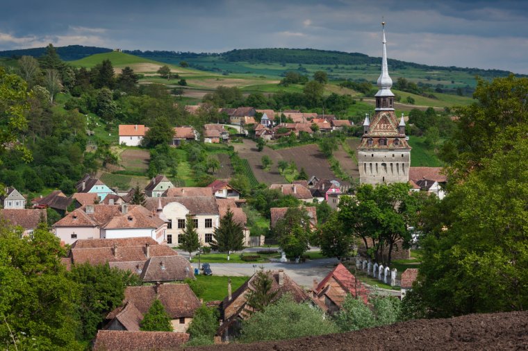 Romania, Transylvania, Saschiz, fortified Saxon Church, 15th century, elevated view