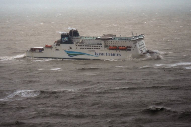 DOVER, ENGLAND - NOVEMBER 2: A cross channel ferry sails in strong winds on November 2, 2023 in Dover, England. Storm Ciaran swept across the southwest and south of England overnight posing a formidable threat in certain areas such as Jersey, where winds exceeded 100 mph overnight. This, along with the already-soaked ground from Storm Babet, increases the risk of flooding in already vulnerable areas. (Photo by Carl Court/Getty Images)