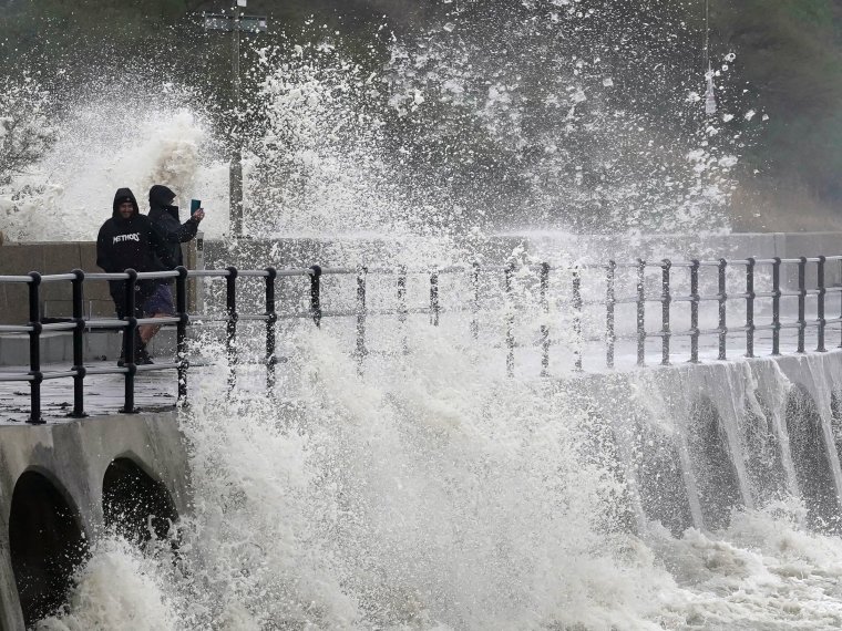 Waves crash over the promenade in Folkestone, Kent, as Storm Ciaran brings high winds and heavy rain along the south coast of England. The Environment Agency has issued 54 warnings where flooding is expected, and an amber weather warning is in place with winds expected to reach 70mph to 80mph. Picture date: Thursday November 2, 2023. PA Photo. The UK saw one of the wettest Octobers on record as Storm Babet battered the country and now Storm Ciaran is due to bring "danger to life" amber weather warnings as it hits the UK. See PA story WEATHER Ciaran. Photo credit should read: Gareth Fuller/PA Wire