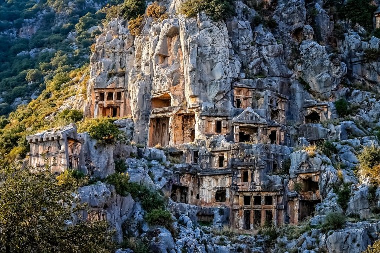 Archeological remains of the Lycian rock cut tombs in Myra, Turkey