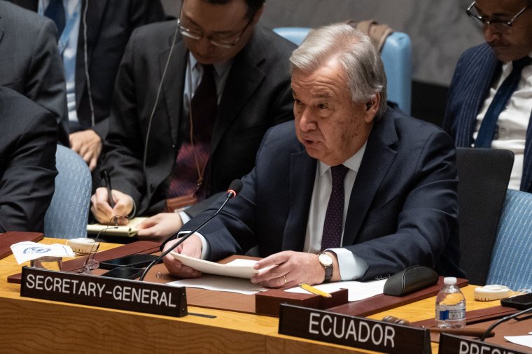 TOPSHOT - UN Secretary-General Antonio Guterres speaks during a United Nations Security Council meeting on Gaza, at UN headquarters in New York City on December 8, 2023. Guterres said on December 8, 2023, that Hamas brutality could never justify "collective punishment" of Palestinians as Israel presses its campaign against Hamas in the Gaza strip. "Some 130 hostages are still held captive. I call for their immediate and unconditional release, as well as their humane treatment and visits from the International Committee of the Red Cross until they are freed," Guterres said at an emergency meeting of the organization's Security Council. "At the same time, the brutality perpetrated by Hamas can never justify the collective punishment of the Palestinian people." (Photo by Yuki IWAMURA / AFP) (Photo by YUKI IWAMURA/AFP via Getty Images)