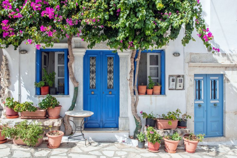 Greece. Tinos island of art, Cycladic architecture at Pyrgos village, bougainvillea on whitewashed wall, blue door and windows, sunny day.