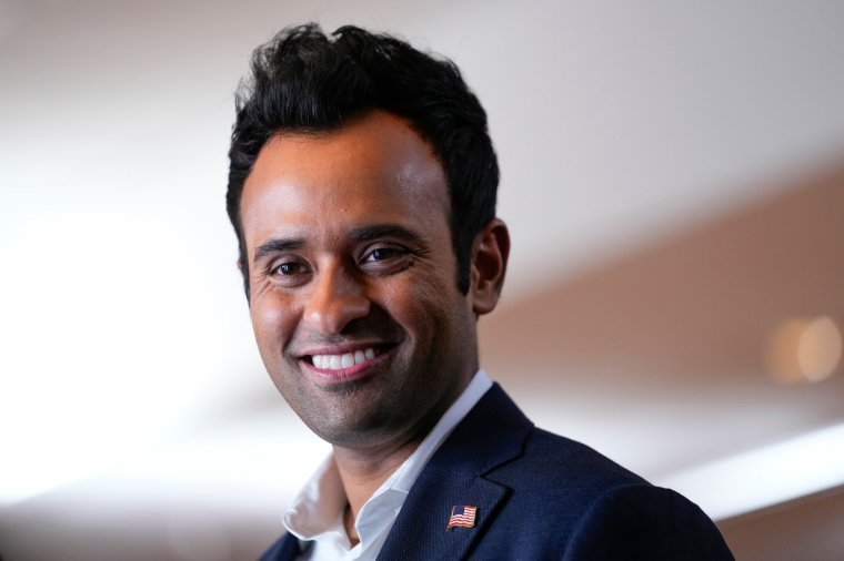 Former Republican presidential candidate businessman Vivek Ramaswamy arrives for a rally with Republican presidential candidate former President Donald Trump on primary election night in Nashua, N.H., Tuesday, Jan. 23, 2024. (AP Photo/Pablo Martinez Monsivais)