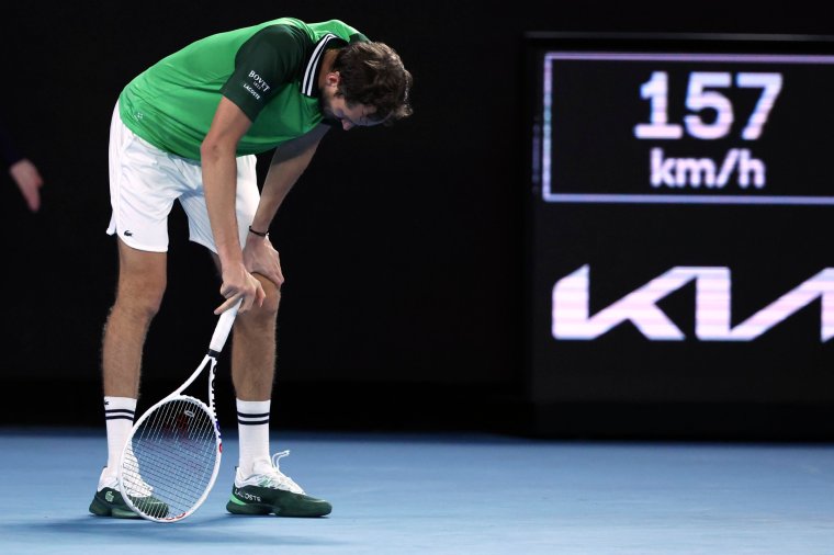 Daniil Medvedev of Russia reacts during his match against Jannik Sinner of Italy in the men's singles final at the Australian Open tennis championships at Melbourne Park, in Melbourne, Australia, Sunday, Jan. 28, 2024. (AP Photo/Asanka Brendon Ratnayake)