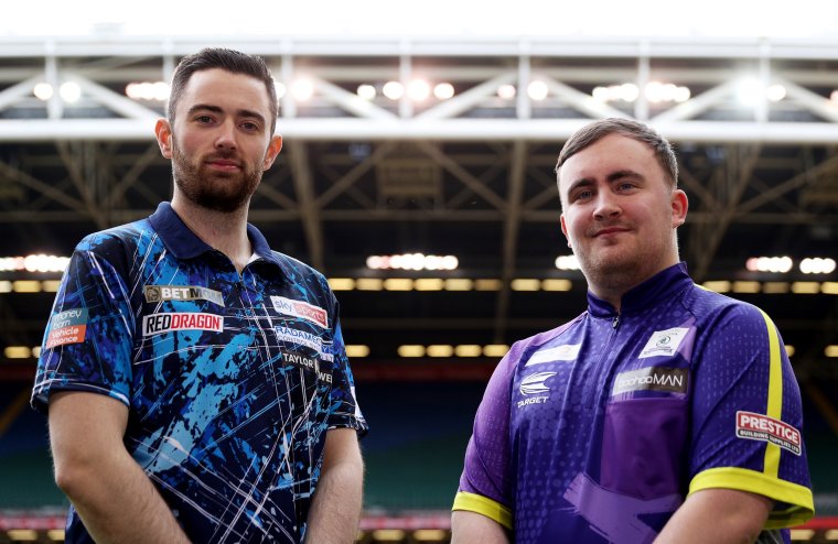 CARDIFF, WALES - JANUARY 31: Luke Humphries of England poses for a photograph with Luke Littler of England ahead of their Premier League Quarter-Final match during the 2024 BetMGM Premier League Darts Press Conference and Photocall at Principality Stadium on January 31, 2024 in Cardiff, Wales. (Photo by Ryan Hiscott/Getty Images)