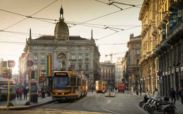 A tram in Piazza Cordusio, in the centre of Milan.