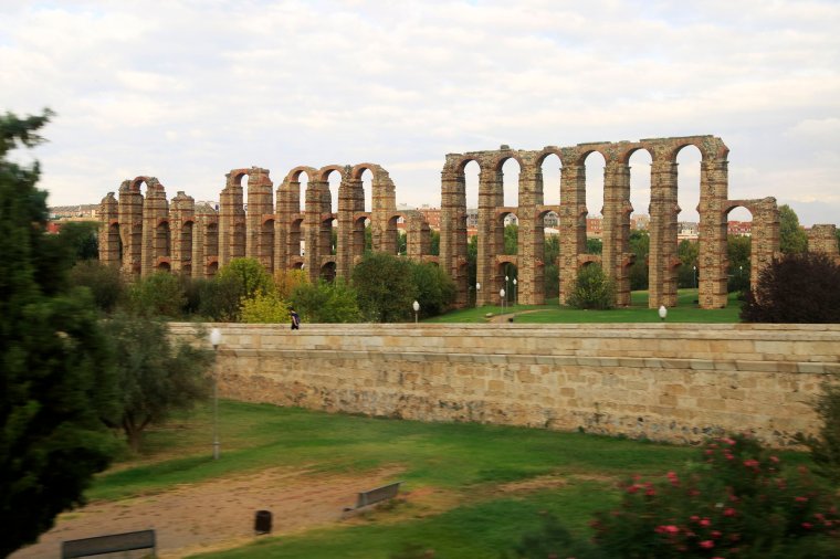 Blurred motion shot from speeding train of Roman aqueduct, Acueducto de Los Milagros, Merida, Extremadura, Spain. (Photo by: Geography Photos/Universal Images Group via Getty Images)