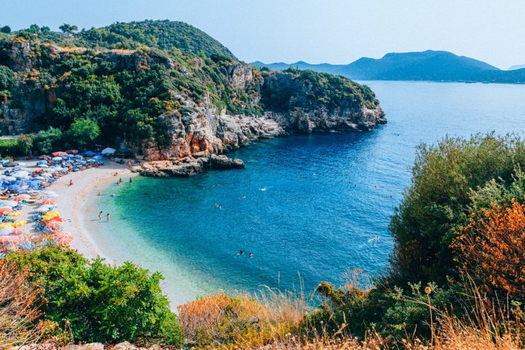 B??y??k ??ak??l Plaj?? - Big Pebble Beach on mediterranean coast from high angle in Kas, Antalya, Turkey