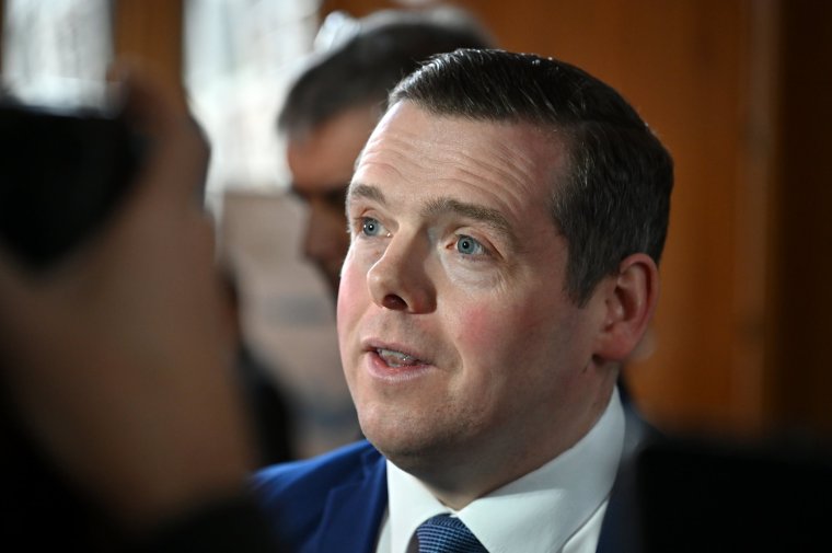 EDINBURGH, SCOTLAND - MARCH 7: Scottish Conservative leader Douglas Ross faces media questions in the lobby of the Scottish Parliament following First Minister's Questions, after taking issue with the UK Conservative Government's decision to extend the windfall tax on oil and gas companies, on March 7, 2024 in Edinburgh, Scotland. (Photo by Ken Jack/Getty Images)