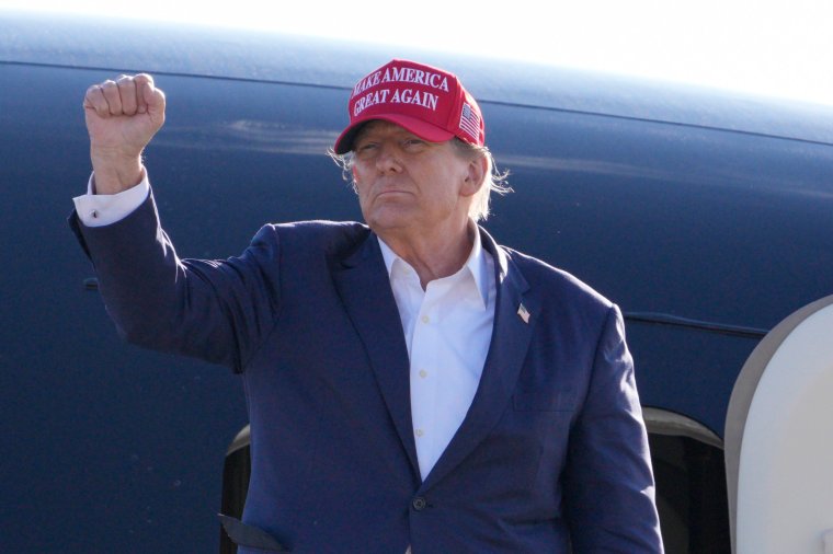 Republican presidential candidate and former President Donald Trump gestures to the crowd following a campaign rally Saturday, March 16, 2024, in Vandalia, Ohio. (AP Photo/Jeff Dean)