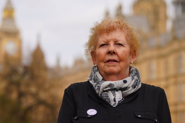 Chairwoman of Women Against State Pension Inequality (Waspi), Angela Madden speaking to the media on College Green outside the Houses of Parliament in London after the publication of the report by Parliamentary and Health Service Ombudsman (PHSO) saying that people affected by state pension changes which were not communicated adequately should receive an apology and compensation, potentially totalling billions of pounds. Picture date: Thursday March 21, 2024. PA Photo. See PA story POLITICS Pensions Reaction. Photo credit should read: Victoria Jones/PA Wire