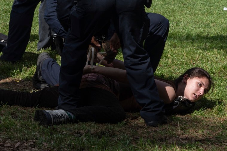 A protester is arrested by University of Texas police at a pro-Palestinian protest at the University of Texas, Wednesday, April 24, 2024, in Austin, Texas. (Mikala Compton/Austin American-Statesman via AP)