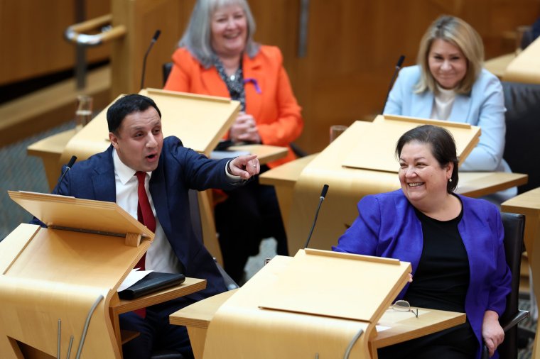 EDINBURGH, SCOTLAND - APRIL 25: Scottish Labour leader Anas Sarwar and deputy Jackie Baillie, at Scottish Parliament Building on April 25, 2024 in Edinburgh, Scotland. First Minister Humza Yousaf now faces a confidence vote after the collapse of the power-sharing deal with the Greens. (Photo by Jeff J Mitchell/Getty Images)