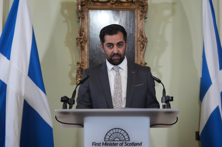 EDINBURGH, SCOTLAND - APRIL 29: First Minister Humza Yousaf speaks during a press conference at Bute House, his official residence in Edinburgh where he said he will resign as SNP leader and Scotland's First Minister on April 29, 2024 in Edinburgh, Scotland. Humza Yousaf resigned from Office today ahead of a confidence vote he was expected to lose after the coalition with The Scottish Green Party fell apart last week. Yousaf was in office for just 398 days after the previous leader Nicola Sturgeon stood down in March 2023. (Photo by Andrew Milligan-Pool/Getty Images)