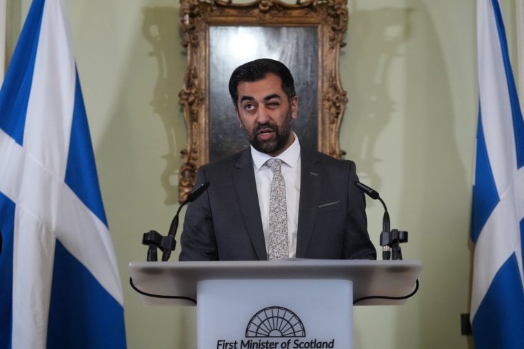 Scotland's First Minister Humza Yousaf speaks during a press conference at Bute House, his official residence where he said he will resign as SNP leader and Scotland's First Minister, avoiding having to face a no-confidence vote in his leadership, in Edinburgh, Britain, April 29, 2024. Andrew Milligan/Pool via REUTERS