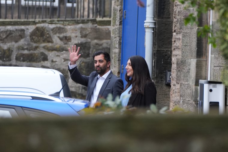 First Minister Humza Yousaf and his wife Nadia El-Nakla leaving Bute House, the official residence of First Minister, after he announced that he will resign as SNP leader and Scotland's First Minister, avoiding having to face a no confidence vote in his leadership. Mr Yousaf's premiership has been hanging by a thread since he ended the Bute House Agreement with the Scottish Greens last week. Picture date: Monday April 29, 2024. PA Photo. See PA story POLITICS Yousaf. Photo credit should read: Andrew Milligan/PA Wire