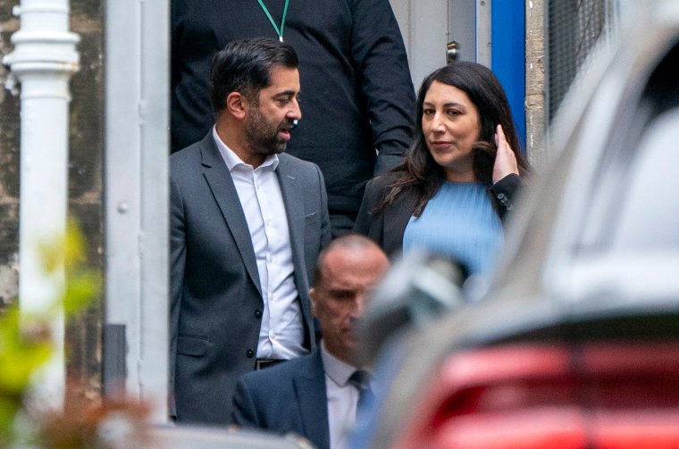 First Minister Humza Yousaf and his wife Nadia El-Nakla leaving Bute House, the official residence of First Minister, after he announced that he will resign as SNP leader and Scotland's First Minister, avoiding having to face a no confidence vote in his leadership. Mr Yousaf's premiership has been hanging by a thread since he ended the Bute House Agreement with the Scottish Greens last week. Picture date: Monday April 29, 2024. PA Photo. See PA story POLITICS Yousaf. Photo credit should read: Jane Barlow/PA Wire