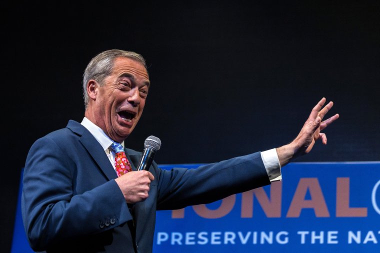 BRUSSELS, BELGIUM - APRIL 16: Nigel Farage, honorary president of the Reform UK party, gives a speech on Day 1 of The National Conservatism Conference at the Claridge on April 16, 2024 in Brussels, Belgium. The National Conservatism (NatCon) conference, attended by 500 delegates over two days, features speeches from former UK Home Secretary Suella Braverman and Hungary's Prime Minister Viktor Orb??n, among others. Originally slated for Concert Noble, the venue was changed due to pressure from Brussels Mayor Philippe Close. (Photo by Omar Havana/Getty Images) *** BESTPIX ***