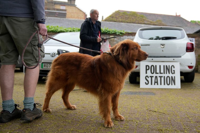 A voter waits with his dog outside a polling station as it opens for people to vote in London, Thursday, May 2, 2024. London Mayor Sadiq Khan, is seeking re-election, and standing against 12 other candidates for the post of Mayor of London. There are other Mayoral elections in English cities and as well as local council elections. (AP Photo/Kin Cheung)