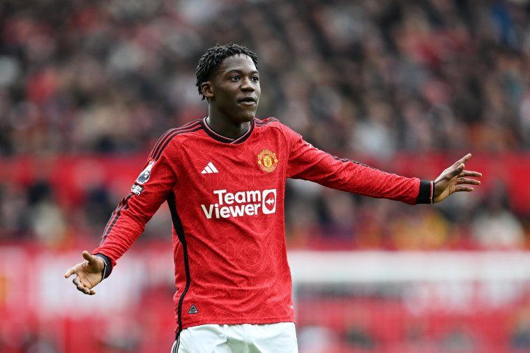 MANCHESTER, ENGLAND - APRIL 27: Kobbie Mainoo of Manchester United gestures during the Premier League match between Manchester United and Burnley FC at Old Trafford on April 27, 2024 in Manchester, England. (Photo by Michael Regan/Getty Images)