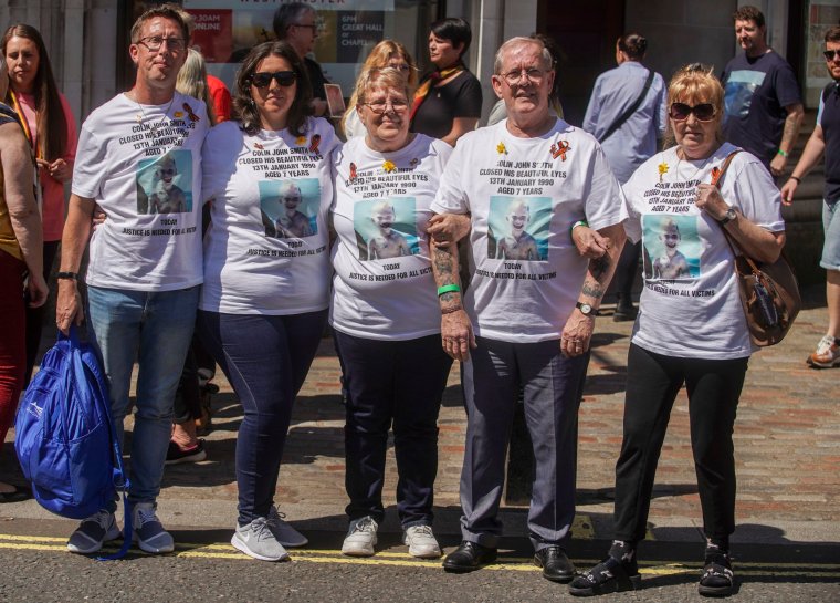 Victims and campaigners outside Central Hall in Westminster, London, after the publication of the Infected Blood Inquiry report. Tens of thousands of people in the UK were infected with deadly viruses after they were given contaminated blood and blood products between the 1970s and early 1990s. These include people who needed blood transfusions for accidents, in surgery or during childbirth, and patients with certain blood disorders who were treated with donated blood plasma products or blood transfusions. Picture date: Monday May 20, 2024. PA Photo. See PA story INQUIRY Blood. Photo credit should read: Jeff Moore/PA Wire