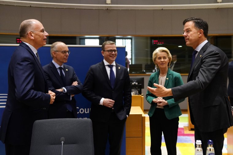 BRUSSELS, BELGIUM - APRIL 18: (L-R) Luc Frieden Prime Minister of Luxembourg, Enrico Letta, Petteri Orpo Prime Minister of Finland, Ursula von der Leyen President of European Commission and Mark Rutte Prime Minister of Netherlands attend a Special European Council Meeting on April 18, 2024 in Brussels, Belgium. (Photo by Pier Marco Tacca/Getty Images)