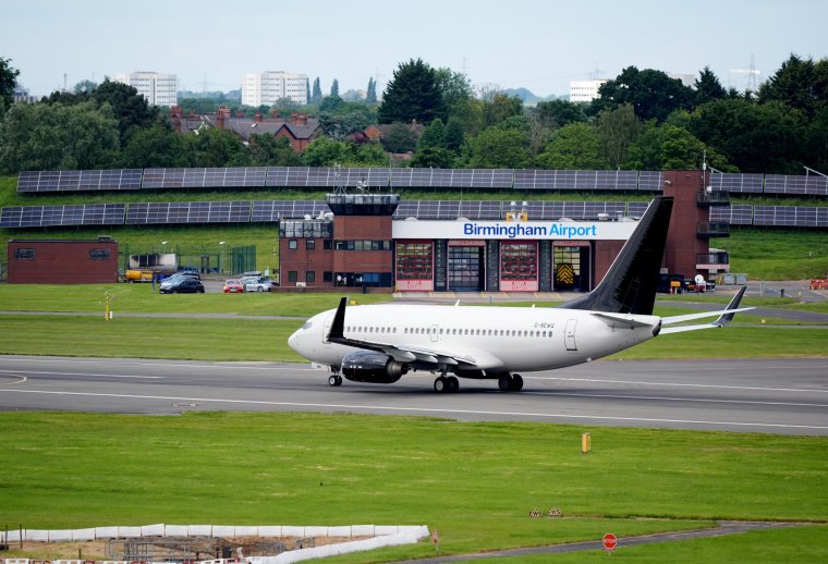 The plane carrying the England team departs from Birmingham Airport ahead of their UEFA Euro 2024 campaign. Picture date: Monday June 10, 2024. PA Photo. See PA Story SOCCER England. Photo credit should read: Zac Goodwin/PA Wire. RESTRICTIONS: Use subject to FA restrictions. Editorial use only. Commercial use only with prior written consent of the FA. No editing except cropping.