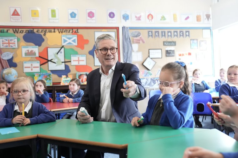 Labour Party leader Sir Keir Starmer during a visit to Whale Hill Primary School in Eston, Middlesbrough, as they announce plans to tackle the crisis in children's dentistry and clear the backlog with 100,000 extra appointments for kids, whilst on the General Election campaign trail. Picture date: Tuesday June 11, 2024. PA Photo. See PA story POLITICS Election Labour. Photo credit should read: Stefan Rousseau/PA Wire