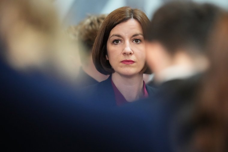 KETTERING, ENGLAND - JUNE 24: Shadow Education Secretary Bridget Philipson speaks to students during a visit to a school in the East Midlands on June 24, 2024 in Kettering, England. (Photo by Christopher Furlong/Getty Images)