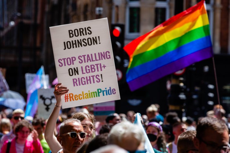 LGBT+ campaigners join Gay Liberation Front (GLF) veterans marking the 50th anniversary of the first UK Pride march in 1972 by retracing their steps from Charing Cross to Hyde Park on 1st July 2022 in London, United Kingdom. The commemorative march is intended to recapture the roots of Pride as a protest as well as a celebration of LGBT+ rights, contrasting with the depoliticisation and commercialisation of Pride in London, and to call for LGBT+ liberation both in the UK and around the world. (photo by Mark Kerrison/In Pictures via Getty Images)