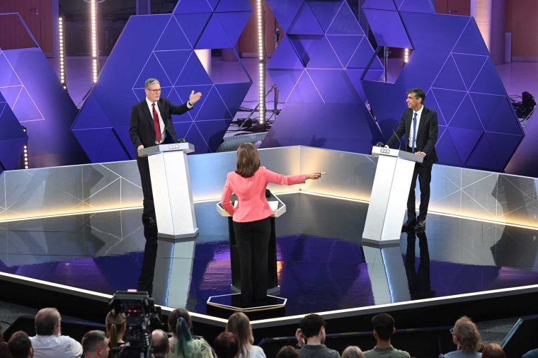 For use in UK, Ireland or Benelux countries only BBC handout photo of presenter Mishal Husain with Prime Minister Rishi Sunak and Labour leader Sir Keir Starmer during their BBC Head-to-head debate in Nottingham. Issue date: Wednesday June 26, 2024. PA Photo. See PA story POLITICS Election. Photo credit should read: Jeff Overs/BBC/PA Wire NOTE TO EDITORS: Not for use more than 21 days after issue. You may use this picture without charge only for the purpose of publicising or reporting on current BBC programming, personnel or other BBC output or activity within 21 days of issue. Any use after that time MUST be cleared through BBC Picture Publicity. Please credit the image to the BBC and any named photographer or independent programme maker, as described in the caption.