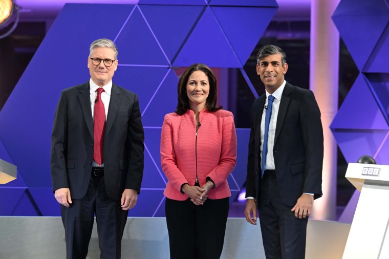 For use in UK, Ireland or Benelux countries only BBC handout photo of presenter Mishal Husain with Prime Minister Rishi Sunak and Labour leader Sir Keir Starmer during their BBC Head-to-head debate in Nottingham. Issue date: Wednesday June 26, 2024. PA Photo. See PA story POLITICS Election. Photo credit should read: Jeff Overs/BBC/PA Wire NOTE TO EDITORS: Not for use more than 21 days after issue. You may use this picture without charge only for the purpose of publicising or reporting on current BBC programming, personnel or other BBC output or activity within 21 days of issue. Any use after that time MUST be cleared through BBC Picture Publicity. Please credit the image to the BBC and any named photographer or independent programme maker, as described in the caption.