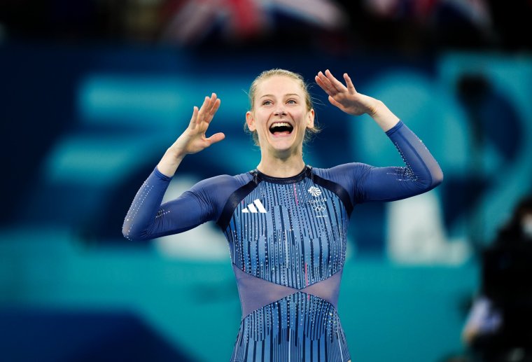 Great Britain's Bryony Page celebrates winning a gold medal following the trampoline gymnastics, women's final, at the Bercy Arena on the seventh day of the 2024 Paris Olympic Games in France. Picture date: Friday August 2, 2024. PA Photo. Photo credit should read: Mike Egerton/PA Wire. RESTRICTIONS: Use subject to restrictions. Editorial use only, no commercial use without prior consent from rights holder.