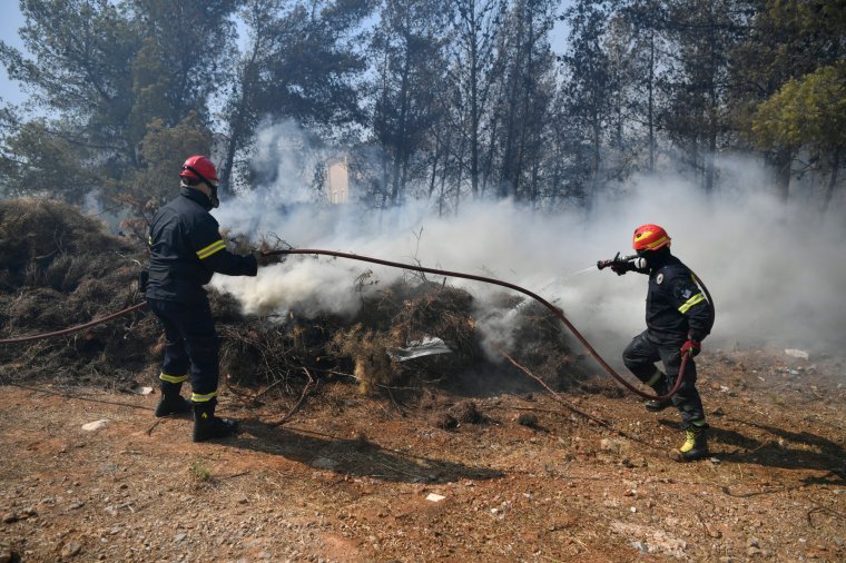 Firefighters operate in Dioni, northeast of Athens, Greece, Monday, Aug. 12, 2024. Hundreds of firefighters backed by dozens of water-dropping planes and helicopters were battling the flames from first light Monday, with a major forest fire that began the previous day raging out of control on the fringes of Athens, fanned by strong winds. (AP Photo/Michael Varaklas)