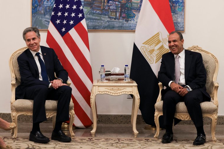 US Secretary of State Antony Blinken meets with Egypt's Foreign Minister Badr Abdelatty in El-Alamein on Egypt's northern coast on August 20, 2024. (Photo by Kevin MOHATT / POOL / AFP) (Photo by KEVIN MOHATT/POOL/AFP via Getty Images)