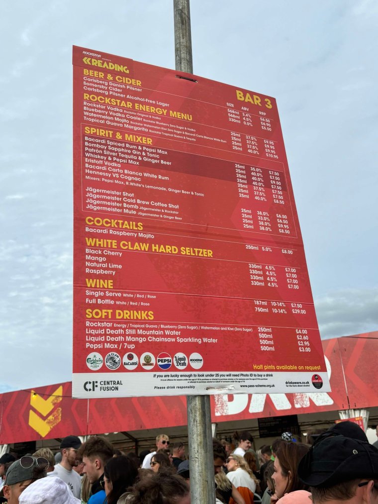 Price list for the bar at Reading Festival 2024