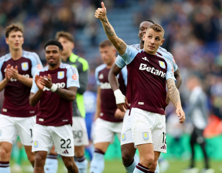 LEICESTER, ENGLAND - AUGUST 31: Lucas Digne of Aston Villa in action during the Premier League match between Leicester City FC and Aston Villa FC at The King Power Stadium on August 31, 2024 in Leicester, England. (Photo by Neville Williams/Aston Villa FC via Getty Images)