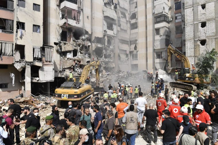 BEIRUT, LEBANON - SEPTEMBER 21: Officers use heavy construction equipment to remove debris from heavily damaged settlements following the Israeli army's air strike on the Dahieh district of southern Beirut, Lebanon on September 21, 2024. 31 people died and 68 were injured in an Israeli air strike. (Photo by Houssam Shbaro/Anadolu via Getty Images)