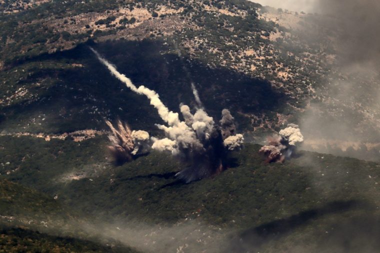 Explosions occur during Israeli strikes targeting the Jabal Al-Rehan area in the southern Lebanese Jezzine district on September 21, 2024. The Israeli military announced on September 21 that it was carrying out new air strikes against Hezbollah targets in Lebanon, without offering details. (Photo by Rabih DAHER / AFP) (Photo by RABIH DAHER/AFP via Getty Images)