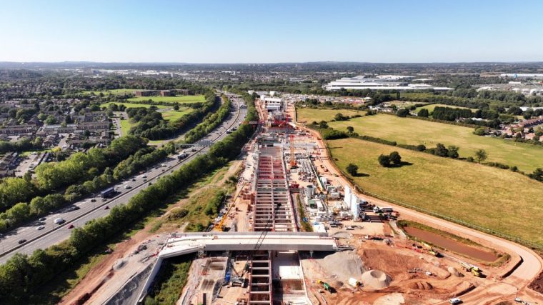 WATER ORTON, ENGLAND - SEPTEMBER 17: An aerial view shows the construction at the Bromford HS2 tunnel site on September 17, 2024 in Water Orton, England. The construction of the Bromford tunnel, HS2's gateway to Birmingham, has reached the halfway point with the 1,600 tonne TBM, named 'Mary Ann' excavating 1.75 miles of the first bore of the 3.5 mile tunnel. (Photo by Christopher Furlong/Getty Images)