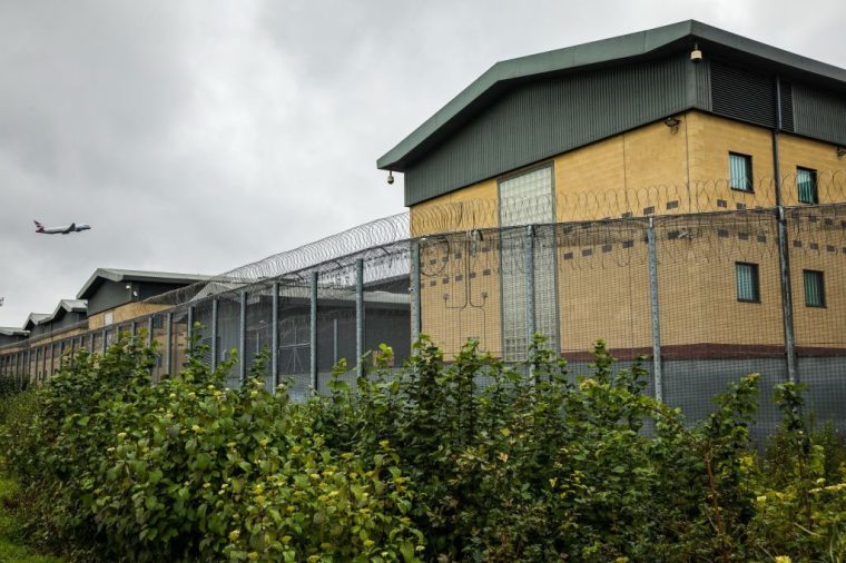 The Colnbrook wing of Heathrow Immigration Removal Centre is pictured on the day of a disturbance which followed a substantial power outage on 5 November 2022 in Harmondsworth, United Kingdom. According to reports, a group of detainees left their rooms in the early hours of the morning and entered a courtyard armed with weaponry. No one was hurt during the disturbance at the detention centre which is managed by Mitie. Police, including riot police, fire and prison services attended. Some detainees have been relocated. (photo by Mark Kerrison/In Pictures via Getty Images)