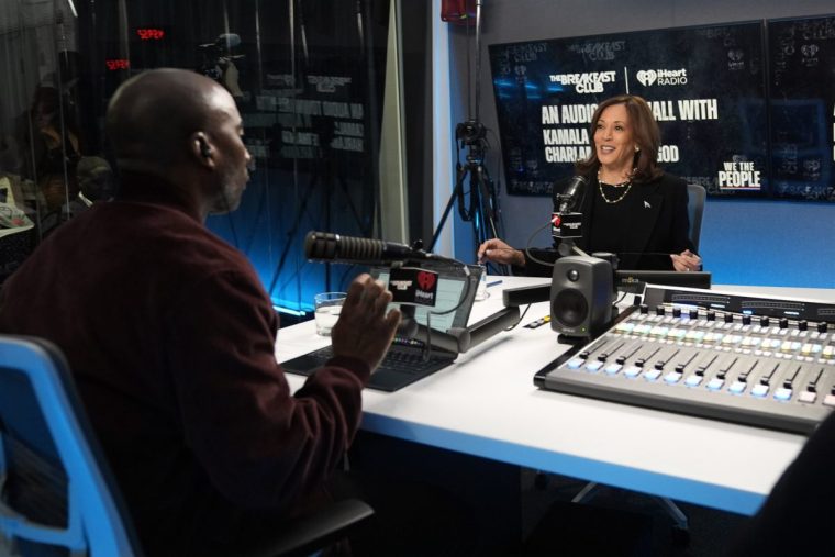 Democratic presidential nominee Vice President Kamala Harris, participates in an interview with Charlamagne Tha God, co-host of iHeartMedia's morning show The Breakfast Club, in Detroit, Tuesday, Oct. 15, 2024. (AP Photo/Jacquelyn Martin)